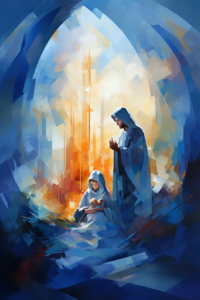 painting of The Nativity, manger, holy family, abstract, joyful, long shot, simple, blue, godly rays, brush