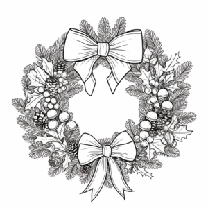 Festive Wreath: An ornate Christmas wreath on a rustic wooden door, adorned with holly berries, ribbons, and pinecones., line art, no color, low detail. simple outline and shapes, for kids, for coloring book, black and white, white background, coloring book style on white background, well composed, clean coloring book page, No dither, no gradient, strong outline, No fill, No solids, vector illustration, –ar 9:11 –v 5