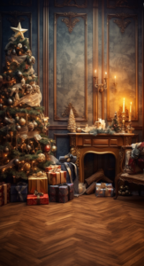 photography backdrop, upper half vintage christmas interior with christmas tree and gifts and decorations, lower half wooden floor, intricate detail, magic, artstation, glowing, lighting, georgeous ultrarealistic intricate details
