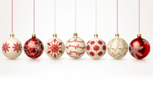 christmas balls on the strings, in the style of intricate floral patterns, light beige and red, tasteful use of negative space, delicate constructions, fragmented designs, decorative backgrounds, white background , isolated white background, extra high quality detailed,