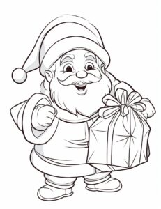 Merry Santa Claus with a sack of gifts and rosy cheeks coloring page, clean, cartoon style, minimalist style, line drawing, no dither, no color, no gradient, no fill, white background