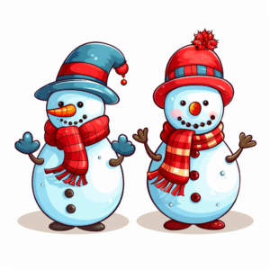 Cute bright snowmen, cartoon christmas isolated on white background