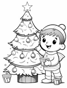 Generate an image of a "Create an image of the little snowman decorating a Christmas tree with colorful ornaments." children coloring page, kids coloring page, line art, chibi, cartoon, full background fillup with design, black & white, white background
