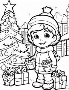 cartoon of a <A>, chistmas, children coloring book page, white background — no color