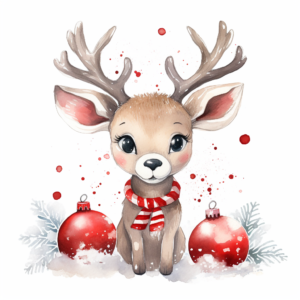 cute reindeer with bright red and silver christmas ornaments in the snow, white background, watercolor style