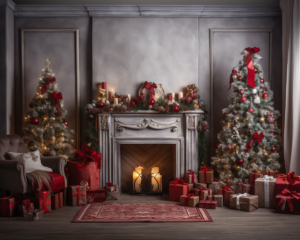 Photography backdrop, A cozy Christmas fireplace decorated for Christmas, Christmas tree, presents, Wreath, hyperrealistic, photorealistic, highly detailed, 8k,