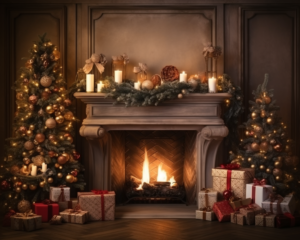 Photography backdrop, A cozy Christmas fireplace decorated for Christmas, Christmas tree, presents, Wreath, hyperrealistic, photorealistic, highly detailed, 8k,