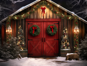 barn lights christmas house, in the style of digital airbrushing, detailed backgrounds, vibrant stage backdrops, dark crimson and white, pastoral charm, arched doorways, decorative paintings