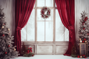 brown wooden window, red velvet curtains, christmas atmosphere 70-200mm f/2.8 di vc usd g2, white background, mirror rooms,