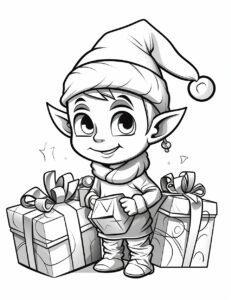 cartoon illustration for Christmas coloring book, christmas elves building toys, cute simple cartoon style, thick lines, low detail, black and white, no shading