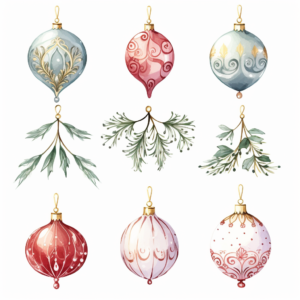 A set of Christmas Tree Ornaments, illustration, watercolor, different style, dreamy, white background