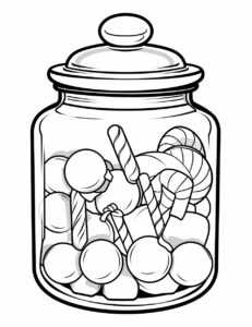 A Kids coloring page of a Simple Christmas Jar of Candy, Very simple, easy to color in, Cartoon style, toddlers age, baby age, large print, christmas style, Simple drawing for toddlers age, age 2 to 4 years old, in the style of dblack and white, White background, black and white, clean bold thick line art, cartoon style, no shading, no greyscale, Low details, Brilliant White Background, Kids Coloring page, Black and white, Children,