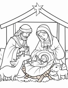 A Kids coloring page of a Simple Nativity Scene, Very simple, easy to color in, Cartoon style, toddlers age, baby age, large print, christmas style, Simple drawing for toddlers age, age 2 to 4 years old, in the style of dblack and white, White background, black and white, clean bold thick line art, cartoon style, no shading, no greyscale, Low details, Brilliant White Background, Kids Coloring page, Black and white, Children,