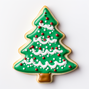 a christmas tree sugar cookie, white background