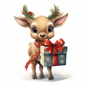 cute vintage reindeer with a christmas present. clip art