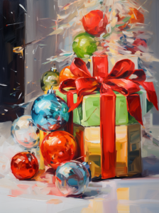 a painting of a gift box and christmas ornaments, in the style of john larriva, blink-and-you-miss-it detail, luminous reflections, agfa apx, oil paintings, lively colors, red and green