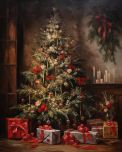 oil painting in the style of realism, a christmas tree sitting in a warm room, in the style of dark red and light red, dark white and light amber, enchanting lighting, light red and dark green