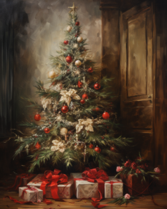 oil painting in the style of realism, a christmas tree sitting in a warm room, in the style of dark red and light red, dark white and light amber, enchanting lighting, light red and dark green
