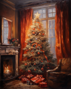 oil painting in the style of realism, a nice christmas tree in a small room, in the style of hans christian andersen, light red and dark amber,