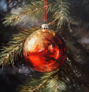 red christmas ball on frosted pine original fine art by artist s, in the style of traditional oil paintings, dark amber, impressionist: dappled light
