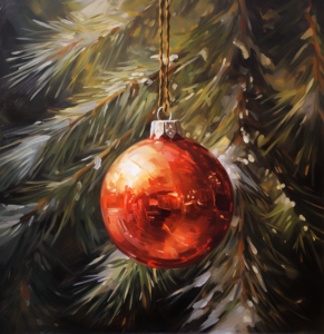 red christmas ball on frosted pine original fine art by artist s, in the style of traditional oil paintings, dark amber, impressionist: dappled light