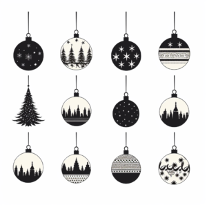 christnas baubles silhouettes, isolated on white, black and white only, illustration