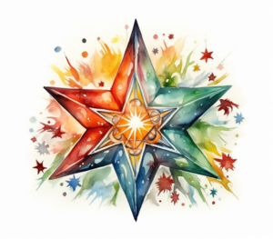 Watercolor illustration of a christmas themed Christmas Star surrounding with christmas objects and sparks, all in beautiful christmas vibes in christmas style, on a white background