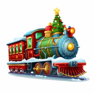 Clipart Nursery Christmas Train: A festive holiday-themed train adorned with twinkling lights and colorful ornaments, chugging along on a snowy white background.