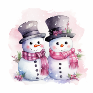 two super adorable snowmen, with a colorful scarf and a top hat, surrounded by snowflakes, pink color, watercolor, color splash, clipart