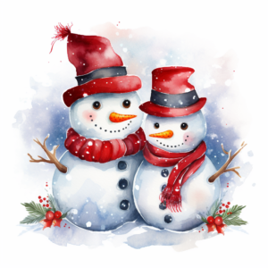 two super adorable snowmen, with a colorful scarf and a top hat, surrounded by snowflakes, red color, watercolor, color splash, clipart, 300dpi, 4000 x 4000,