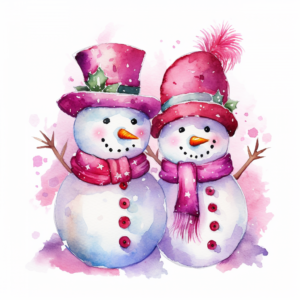 two super adorable snowmen, with a colorful scarf and a top hat, surrounded by snowflakes, deep pink color, watercolor, color splash, clipart, 16k resolution