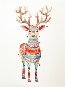 in the style of Laurel Burch and eric carle, reindeer wearing a santa hat, white background , full body shot christmas