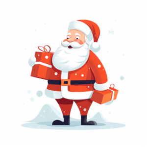 illustration for Christmas card, Santa Claus with big bag on his back, hold gift, hand in mittens. Vector clipart, clean lines, flat illustrations, white background