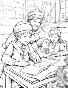Writing Letters to Santa: Depict children seated around a table, diligently writing heartfelt letters to Santa Claus, expressing their wishes and hopes., cartoon style, thick lines, low detail, black and white, no shading,