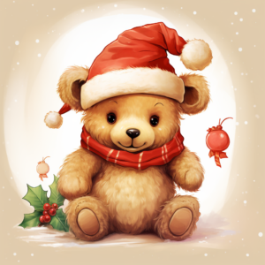 chrichristmas kids & adults, teddy bear wear a hat of a christmas,cartoon character illustration, in the style of christmas 127mm f/4.7 ektar, photorealistic compositions, bold graphics, bold use of line, magical, nostalgic mood, traditional craftsmanshi