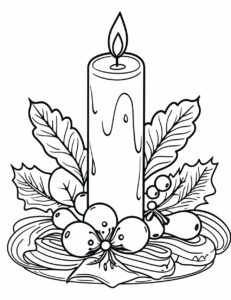 simple and very easy to color black and white coloring page for impaired seniors, a candle with christmas decoration on a white background, flat, 2D,