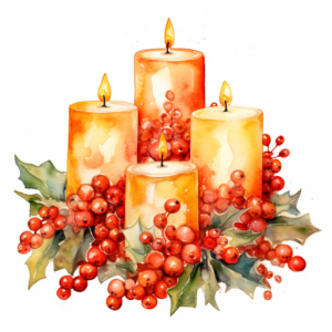 christmas candles, Watercolor illustrations, white background for removing background, diffarent angles, childrens book, illustlation