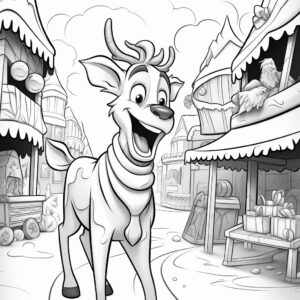 childrens coloring book page, disney animation cartoon style, black and white, low detail, thick lines, Reindeer Playing, christmas joy, centered image