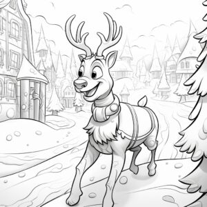 childrens coloring book page, disney animation cartoon style, black and white, low detail, thick lines, Reindeer Playing, christmas joy, centered image