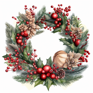 Christmas wreath decorated with fir branches, Christmas balls and garlands, white background, watercolor style, line art, high detail, 8k