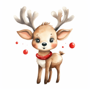 cute watercolor illustration of reindeer with shiny red nose, sticker white stroke, solid white background