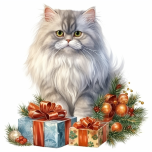Christmas persian cat, single object, watercolor illustration, isolated on white background for removing background