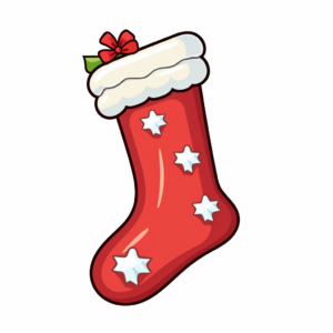 Create kawaii style of Stocking, Hanging stocking, usually by the fireplace, for Santa to fill with gifts on Christmas Eve, white background, easy to remove background