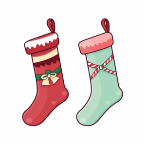 Create kawaii style of Stockings, Hanging stockings, usually by the fireplace, for Santa to fill with gifts on Christmas Eve, white background, easy to remove background