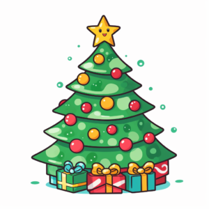 create kawaii style of Christmas Tree, beautiful decorated, white background, no shadow, easy to remove background