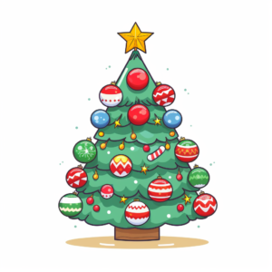 create kawaii style of Christmas Tree with cute Ornaments Decorative balls, figurines, and other ornaments are hung on Christmas trees to enhance their beauty, Gifts and Presents, white background, no shadow, easy to remove background