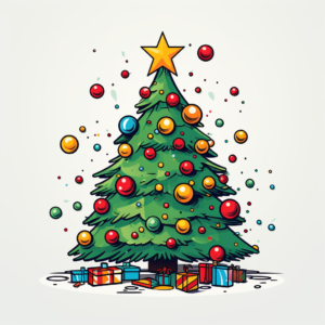 chrismas tree, cartoon art style, bold outline, christmas, season, christmas colors, white background