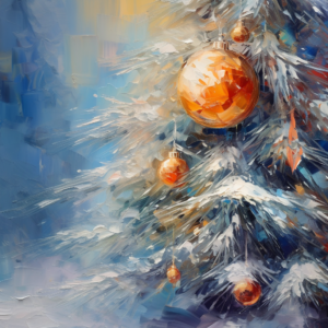 Oil painting, Christmas Tree Accessories, close-up, Dreamy, Impressionist, super clear, High detail, High quality,