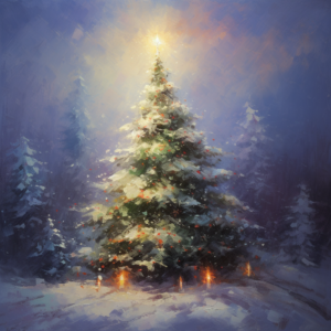 Oil painting, Christmas Tree, Dreamlike, Impressionist, super clear, high detail, high quality,