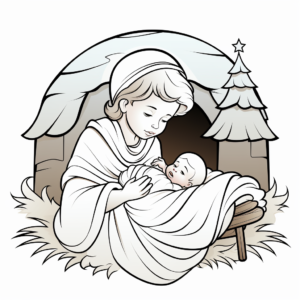 a black and white clipart showing a Baby Jesus in a manger, no shading, coloring clipart